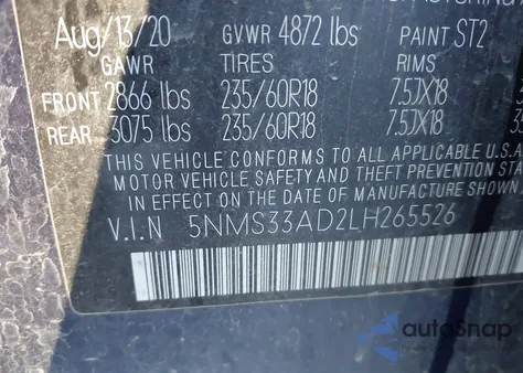 2020 Hyundai Santa Fe Sel из США, поврежденный, VIN 5NMS33AD2LH265526